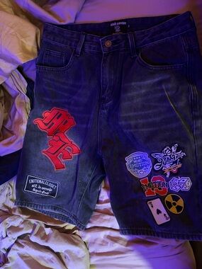 Emotional Closet Black Washed Denim Patch Shorts with Red Accents